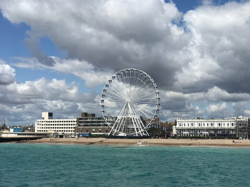 Worthing Observation Wheel taken from sea towards land on a cloudy day